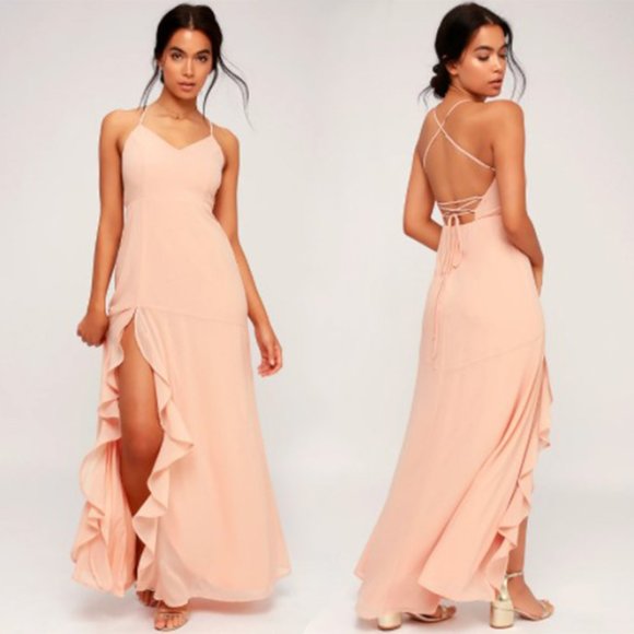 Lulus Dresses & Skirts - NWT Lulus Luxurious Love Blush Lace-Up Maxi Dress Georgette Ruffle Thigh Slit L